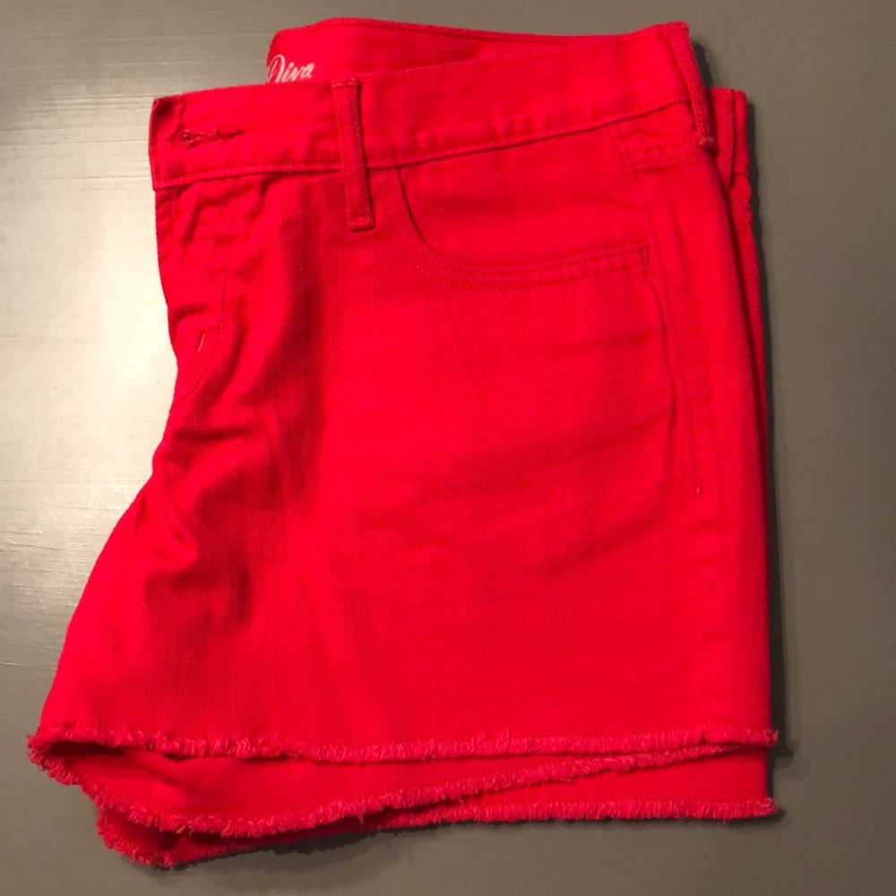 Red denim cutoff shorts